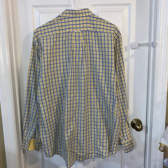 Men's IZOD Casual Button Down Shirt XL Yellow Blue Plaid 100% Cotton - Picture 2 of 5